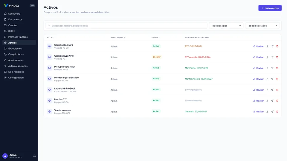 Módulo de activos de VINDEX con vehículos y equipos, responsable, estado y vencimiento más cercano (datos de ejemplo)