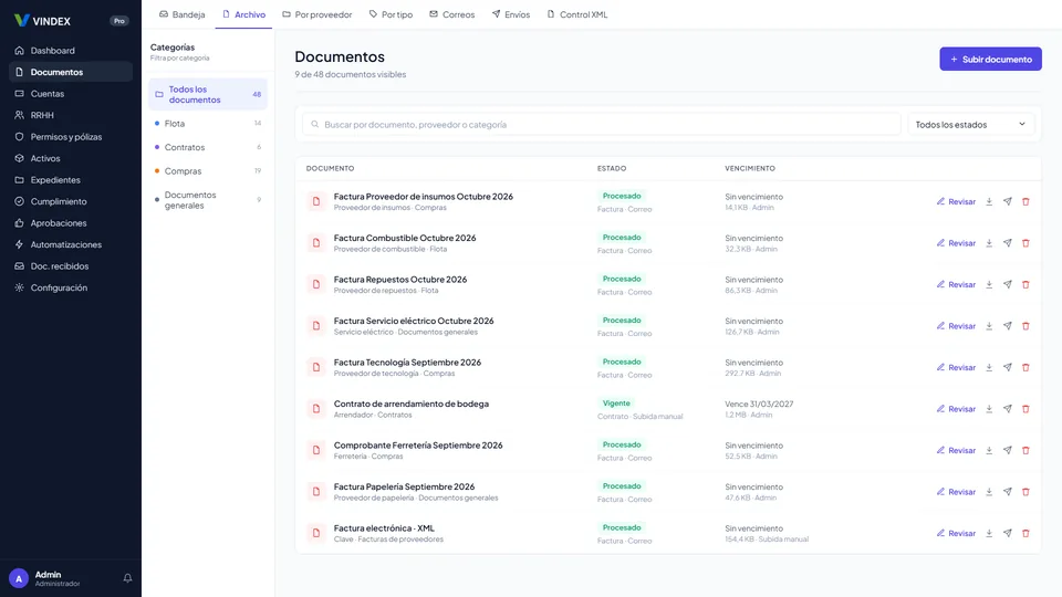 Archivo de documentos de VINDEX con categorías, buscador, estado y vencimiento de cada documento (datos de ejemplo)